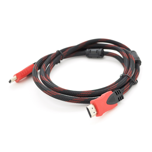Кабель Merlion HDMI-HDMI 3.0m, v1.4, OD-7.4mm, 2 фільтра, обплетення, круглий Black / RED, коннектор RED / Black, (Пакет) Q135