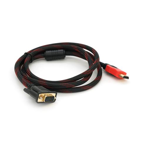 Кабель HDMI (тато)-VGA (тато) 1,5 м, 1 ферит, обплетення, круглий Black / RED, Пакет (працює тільки з конвертором), Q150