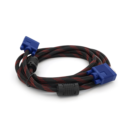 Кабель Merlion VGA 3 + 4, 3.0m, male to male (тато-тато), OD-8.2mm, 2 фериту, обплетення, круглий Black / Red, коннектор Blue, кульок