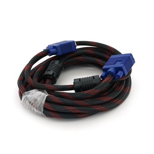 Кабель Merlion VGA 3 + 4, 5.0m, male to male (тато-тато), OD-8.2mm, 2 фериту, обплетення, круглий Black / Red, коннектор Blue, кульок