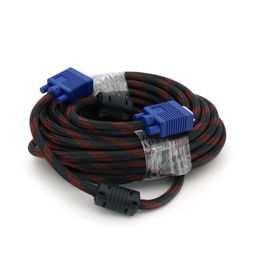 Кабель Merlion VGA 3 + 4, 10m, male to male (тато-тато), OD-8.2mm, 2 ферита, обплетення, круглий Black / Red, коннектор Blue