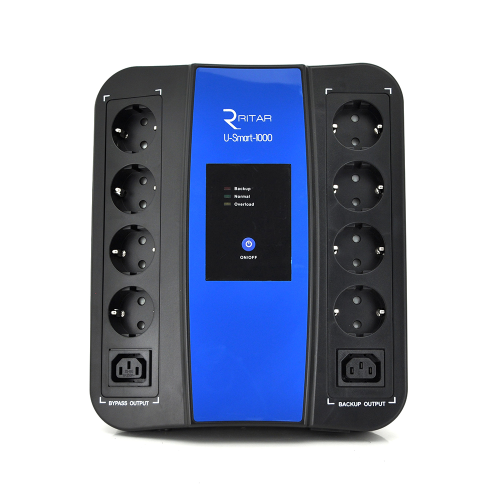 ДБЖ Ritar U-Smart-1000 (600W), LED, AVR, 3st, 8xSCHUKO socket, 1x12V9Ah, USB x2, RJ45, plastik Case