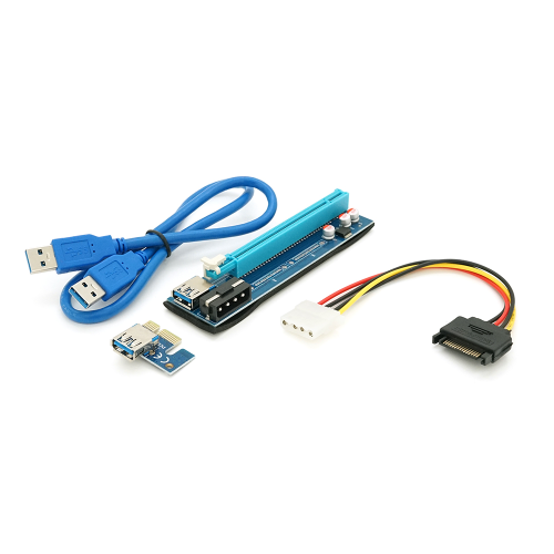 Riser PCI-EX, x1=&gt;x16, 4-pin MOLEX, SATA=&gt;4Pin, USB 3.0 AM-AM 0,6 м (синій), конденсатори PS 100 16V, Пакет