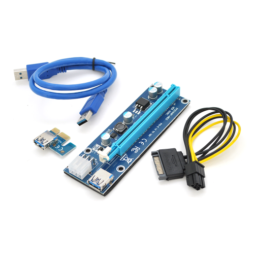 Riser PCI-EX, x1=&gt;x16, 6-pin, SATA=&gt;6Pin, USB 3.0 AM-AM 0,6 м (синій), конденсатори 270, Пакет