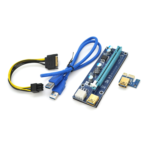 Riser PCI-EX, x1 =&gt; x16, 6-pin, SATA =&gt; 6Pin, USB 3.0 AM-AM 0,6 м (синій), конденсатори 270, Пакет