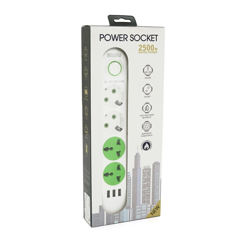 Мережевий фільтр F01U, 2 розетки EU + 2 розетки Universal + 3 USB, 1.5 м, перетин 3х0, 75мм, 2500W, White, Box