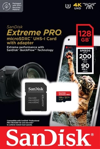Карта памяти MicroSDXC 128GB UHS-I U3 R200/W90MB/s SanDisk Extreme Pro V30 + SD-адаптер (SDSQXCD-128G-GN6MA)