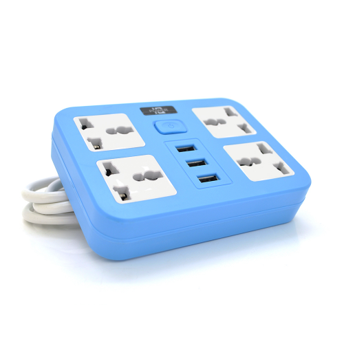 Мережевий фільтр ТВ-Т15, 4 розетки + 3 USB, з перемикачем, 2 м, перетин 3х0, 75мм, 2500W, Blue, Box