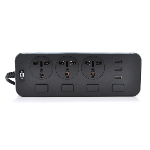 Мережевий фільтр ТВ-Т14, 3 розетки + 3 USB, з перемикачем на кожну розетку, 2 м, перетин 3х0,75мм, 2500W, Black, Box