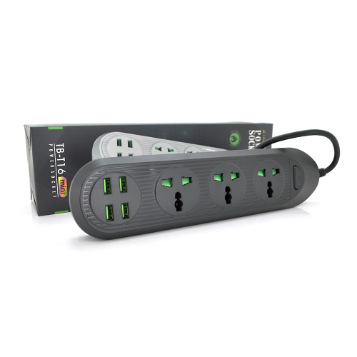 Мережевий фільтр ТВ-Т16mini, 3 розетки + 4 USB, 2 м, перетин 3х0,75мм, 3000W, Black, Box