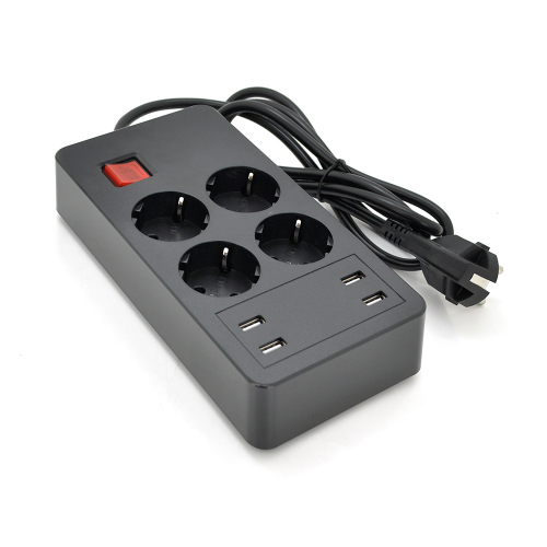 Мережевий фільтр на 4 розетки + 4 USB виходи 5V-2.4A, кнопка включення з індикатором, 16A, 250V / 4000W, Black