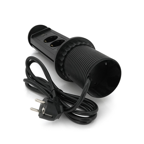 Мережевий фільтр вбудований в столешнішцу, 3 Розетки + 2 USB, перетин 3х0,75мм, 16А, 250V, 2 м, Black, круглий, діаметр 80мм, Box