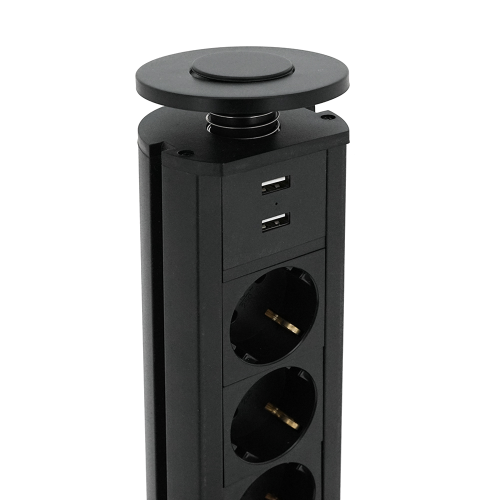 Мережевий фільтр вбудований в столешнішцу, 3 Розетки + 2 USB, перетин 3х0,75мм, 16А, 250V, 2 м, Black, круглий, діаметр 80мм, Box