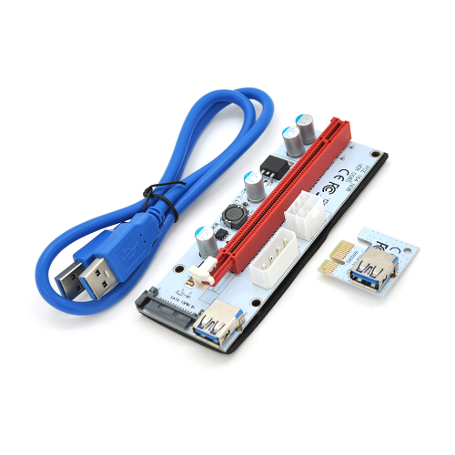 Riser PCI-EX, x1 =&gt; x16, 4-pin / 6-pin / Sata, USB 3.0 AM-AM 0,6 м (синій), конденсатори 270, White / Red, Пакет