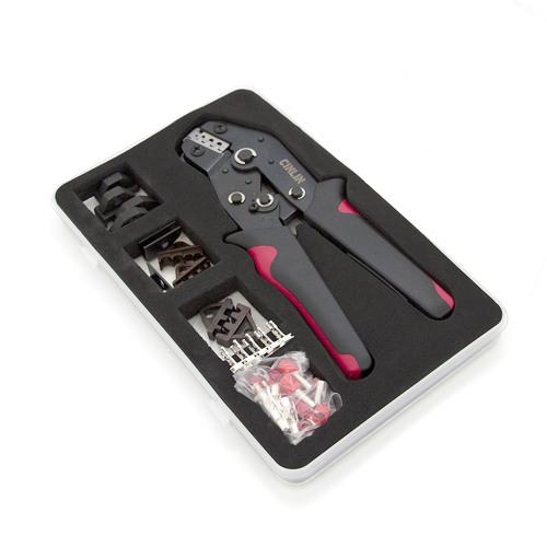 Інструмент обжимний SN-2549 для обжимки клем + насадки 06 -0.5-6mm2, 02С -0.5-2.5mm2, 06WF -0.25-16mm2, 48B -0.5-2.5mm2, Black-red