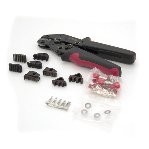 Інструмент обжимний SN-2549 для обжимки клем + насадки 06 -0.5-6mm2, 02С -0.5-2.5mm2, 06WF -0.25-16mm2, 48B -0.5-2.5mm2, Black-red