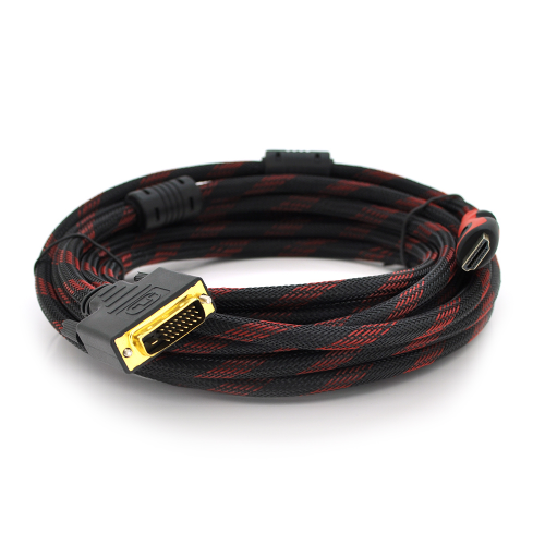 Кабель HDMI (тато)-DVI (тато) 5,0м, 2 ферити, обплетення, круглий Black / RED, Пакет