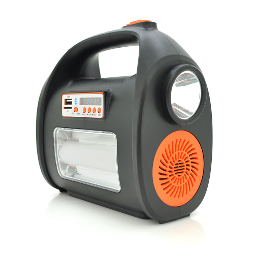 Переносний ліхтар RT909BT+Solar, 1+1 режим, Радіо+ Bluetooth колонка, вбудований аккум, 3 лампочки 3W, USB вихід, Black / Orange