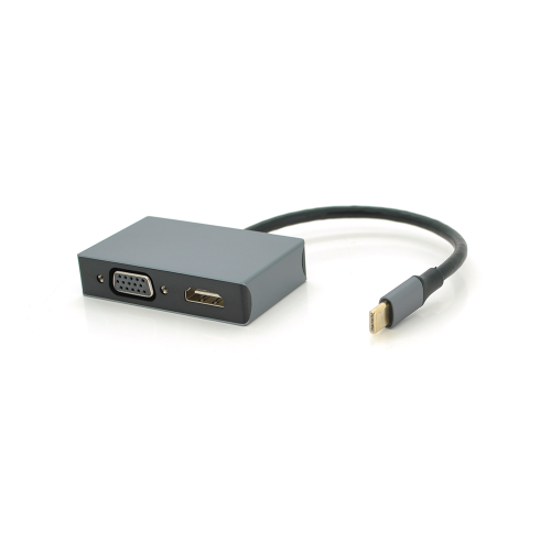 Хаб Type-C(папа) алюмінієвий, HDMI(мама)+VGA(мама), 23cm, Silver