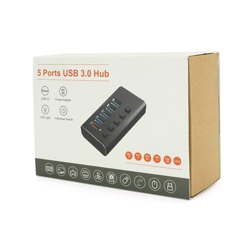 Хаб USB 3.0, 4 порти USB 3.0 + 1 порт QC3.0, з перемикачами на кожен порт, DC5V3A, Black, BOX