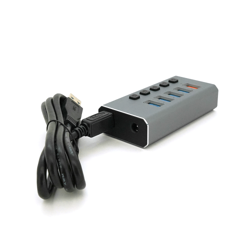 Хаб USB 3.0, 4 порти USB 3.0 + 1 порт QC3.0, з перемикачами на кожен порт, DC5V3A, Black, BOX