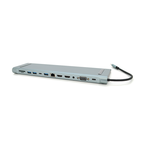 Хаб-конвертор 12 в 1 Type-C (тато) на Type-C(мама)+2*USB2.0(мама)+USB3.0(мама)+2*HDMI(мама)+VGA(мама)+SD / TF+RJ45+ jack3.5 (мама)+PD, 10cm, Silver, Box