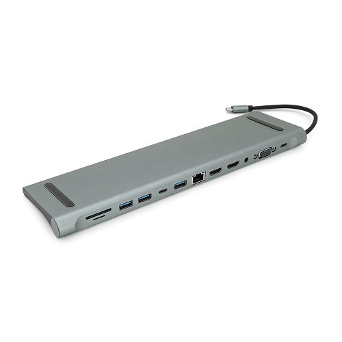 Хаб-конвертор 12 в 1 Type-C (тато) на Type-C(мама)+2*USB2.0(мама)+USB3.0(мама)+2*HDMI(мама)+VGA(мама)+SD / TF+RJ45+ jack3.5 (мама)+PD, 10cm, Silver, Box