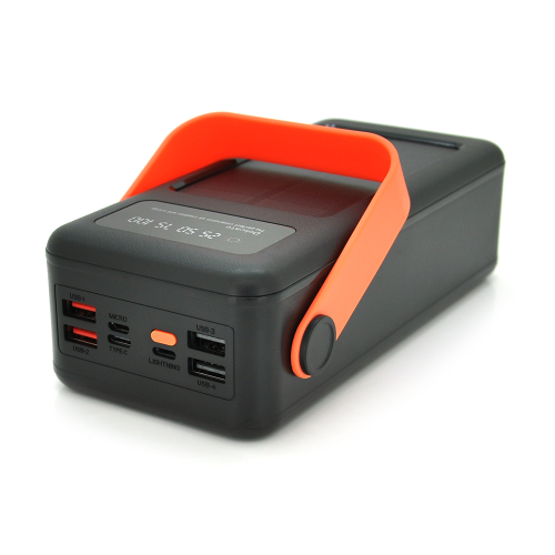 Power bank YM-637, 50000mAh Solar, flashlight, Input: 5V / 2.1A(MicroUSB, TypeC, Lightning), Output: 5V / 2.1A(4xUSB), plastic, Black, BOX