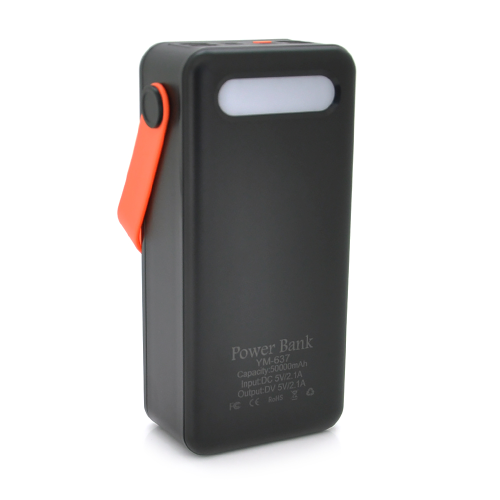 Power bank YM-637, 50000mAh Solar, flashlight, Input: 5V / 2.1A(MicroUSB, TypeC, Lightning), Output: 5V / 2.1A(4xUSB), plastic, Black, BOX
