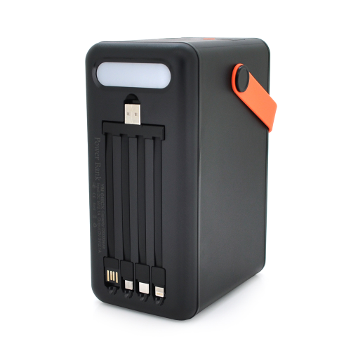 Power bank YM-648CX 120000mAh, flashlight, Input: 5V / 2.1A(Micro-USB, Type-C, Lightning),Output: 5V / 2.1A(4*USB), With 4 owner cable, plastic,Black,BOX