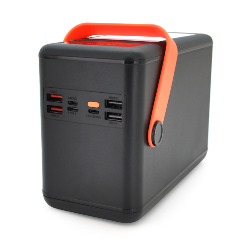 Power bank YM-648CX 120000mAh, flashlight, Input: 5V / 2.1A(Micro-USB, Type-C, Lightning),Output: 5V / 2.1A(4*USB), With 4 owner cable, plastic,Black,BOX