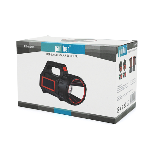 Ліхтар пошуковий Pahther PT-8895, 1LED+COB T6, 10W, 3+2+2 режими, 3600mah, Black, IP40, USB кабель+Solar, 200х95х130мм, BOX