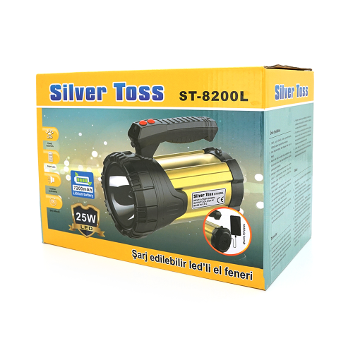 Ліхтар пошуковий Silver Toss ST-8200L, 1LED T6, 25W, 3 режими, 7200mah, Black / Gold, IP40, СЗУ, 220х130х170мм, BOX