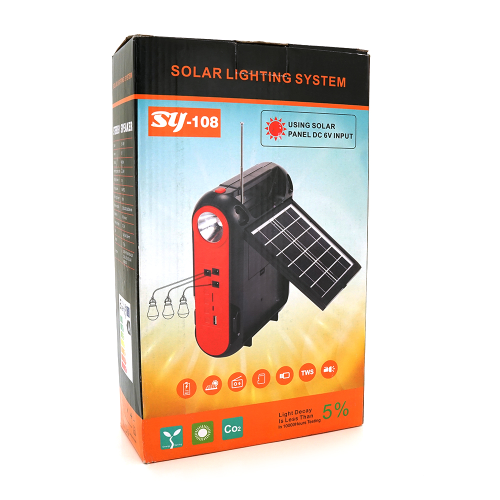 Ліхтар переносний JY-108+Solar+FM+TF, 50 SMD LED+1 COB, 2 лампи дод. освітлення, 2 режими, заряд від 5V, батарея 3*18650, Box