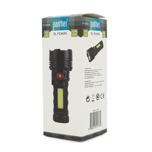 Ліхтарик ручний PANTHER PT-8915B, 1W . CreeXPE+COB. 1+1 режим, вбудований акум-ор 18650, корпус пластик, IP40, 125х48х32, Blister