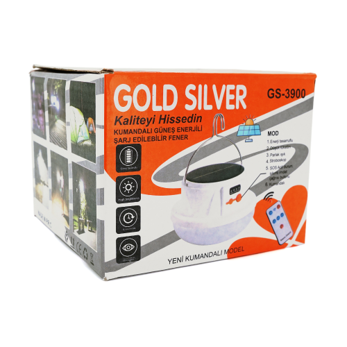 Кемпінгова лампа GOLD SILVER GS-3900+пульт, 5 режимів, корпус-пластик, ударостійкий, ip44, вбудований акум 2500mAh, СЗУ+Solar, White, BOX
