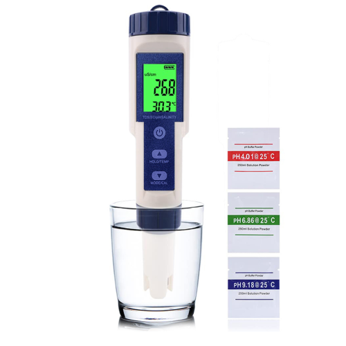 Аналізатор якості води EZ-9909. Вимірювання: pH, TDS (ppm), EC (mS / cm), Salinity (%), &amp;deg;C. ATC, калібрування, IP67. Габарити: 183x37x37 мм. Вага: 98 г