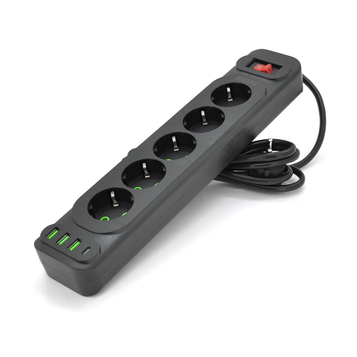 Мережевий фільтр F25U, 5 розеток EU+3 USB+PD, кнопка включення з індикатором, 2 м, 3х0,75мм, 2500W, Black, Box