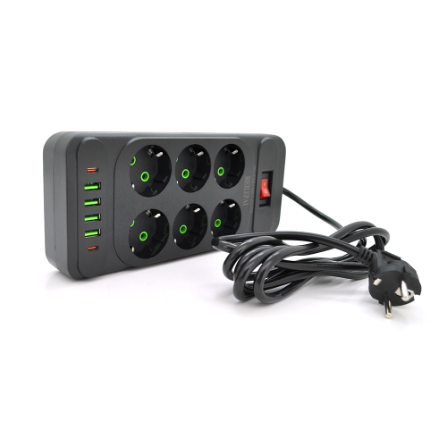 Мережевий фільтр F33U, 6 розеток EU + 4 USB + 2 PD, кнопка включення з індикатором, 2 м, 3х0,75 мм, 2500W, Black, Box