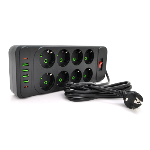 Мережевий фільтр F34U, 8 розеток EU + 4 USB + 2 PD, кнопка включення з індикатором, 2 м, 3х0,75 мм, 2500W, Black, Box