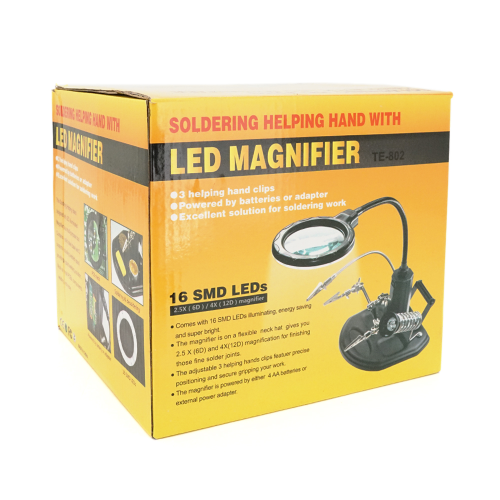 Паяльний тримач &amp;quot;третя рука&amp;quot; TE-802. Лінзи &amp;Oslash;85мм та &amp;Oslash;21мм. Збільшення 2.5X та 4X. 16 SMD LEDs. 3 затискачі-помічника. Живлення USB. 185x170 мм. 1025 р.