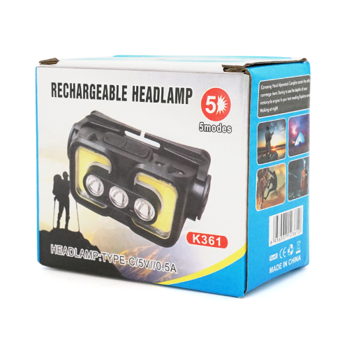 Налобний ліхтарик Voltronic K361,1 Cob, 3 Led+Red, 5 режими, корпус-пластик, водостійкий, ip44, живлення АКБ вбудований, USB Type-С-кабель, 6500K, BOX