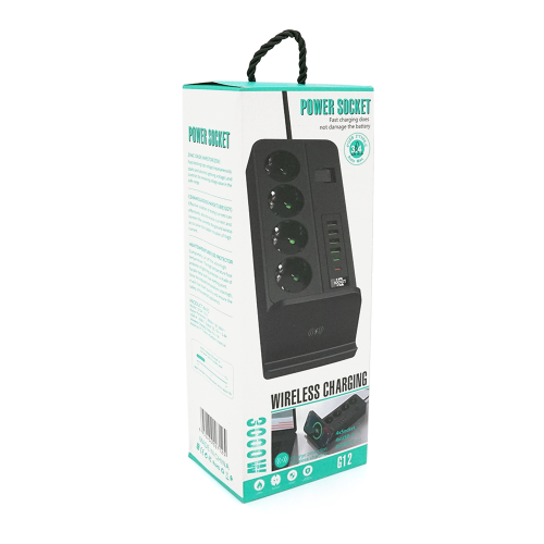 Мережевий фільтр із захистом від перенапруги G12, 4 розетки + 4 USB 3.2A + 2 Type-C + бездротова зарядка, 2 м, Black, Box
