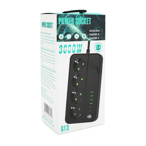 Мережевий фільтр із захистом від перенапруги G13, 3000W, 4 Socket + 4 USB 3,2 А + 2 Type-C, 2м, Black, Box