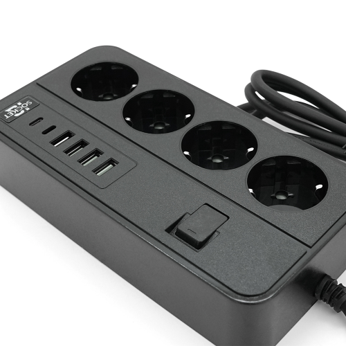 Мережевий фільтр із захистом від перенапруги G13, 3000W, 4 Socket + 4 USB 3,2 А + 2 Type-C, 2м, Black, Box