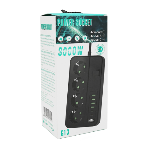 Мережевий фільтр із захистом від перенапруги G13H, 3000W, 4 Socket + 4 USB 3,2А + 2 Type-C + таймер, 2м, Black, Box
