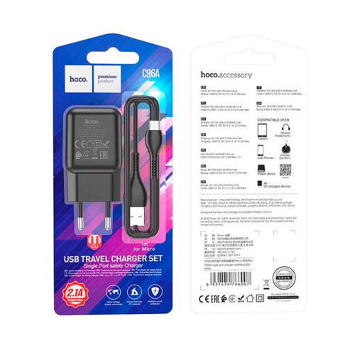 Набір СЗУ 110-240V HOCO C96A+ кабель Micro, 1xUSB, 2.1A, кабель 1м, Black, Blister