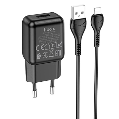 Набір СЗУ 110-240V HOCO C96A+ кабель Lighting, 1xUSB, 2.1A, кабель 1м, Black, Blister