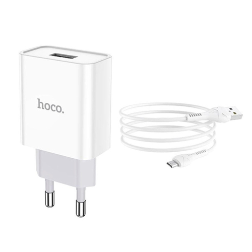 Набір СЗУ 110-240V HOCO C81A 1xUSB+ кабель Micro, 2.1A, кабель 1м, White, Blister