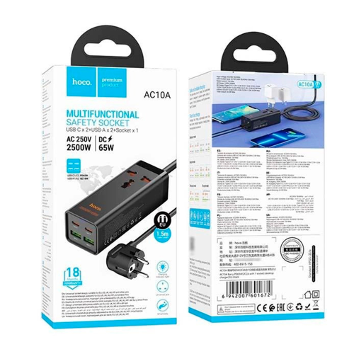 Мережевий фільтр HOCO AC10A на 1 розетку + 2 USB + 2 USB-C, 65W, кабель 1,5 м, 220В, Black, Box